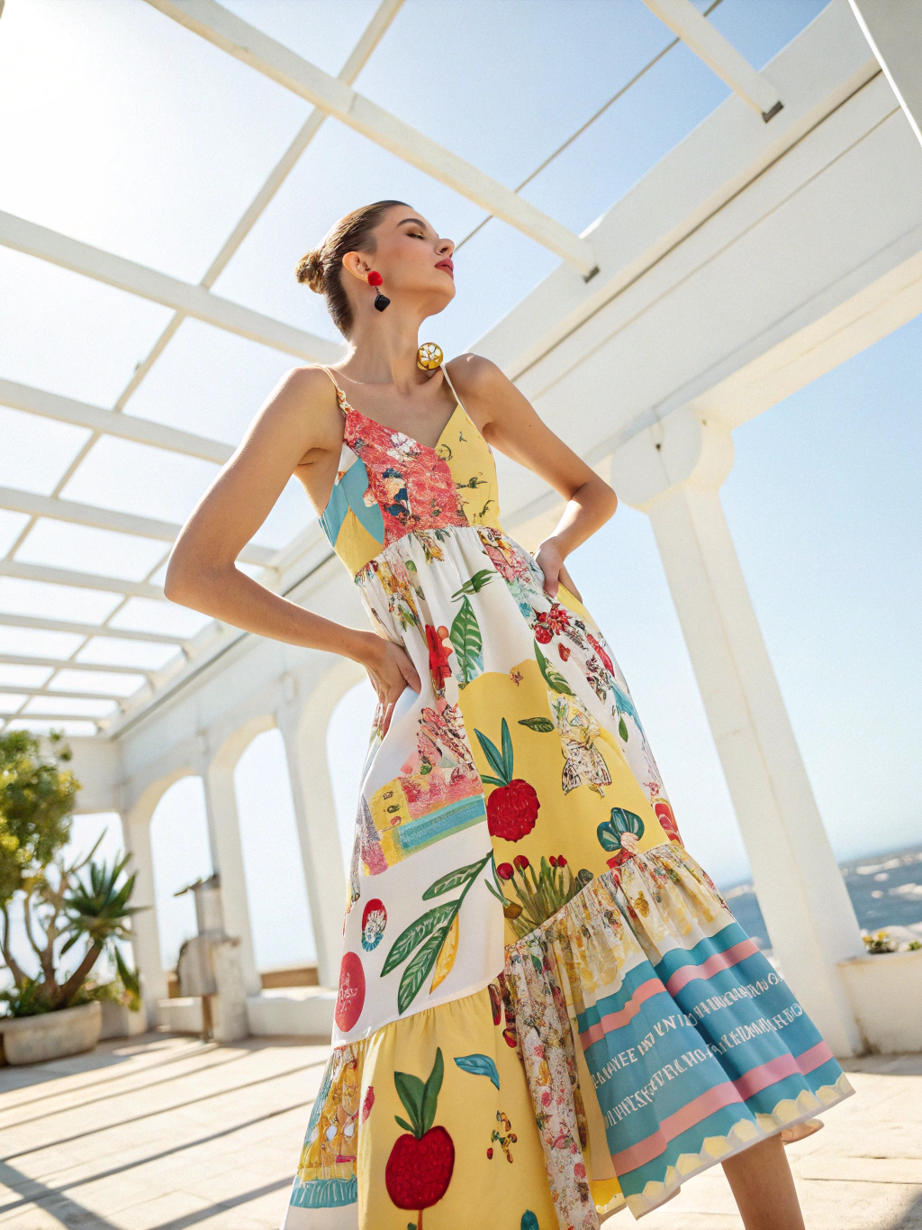 Model wearing a vibrant summer dress in a sunlit urban setting