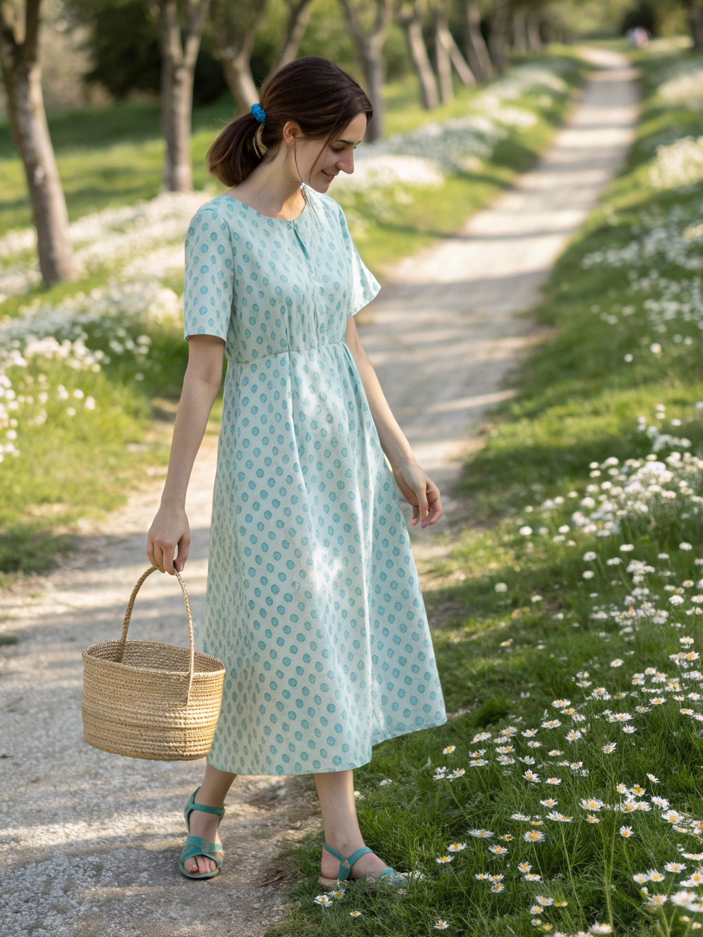 Model wearing VESTA vibrant spring collection dress in urban setting